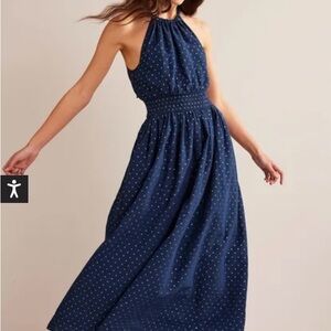 Boden Blue Halter Dress with Metallic Dots